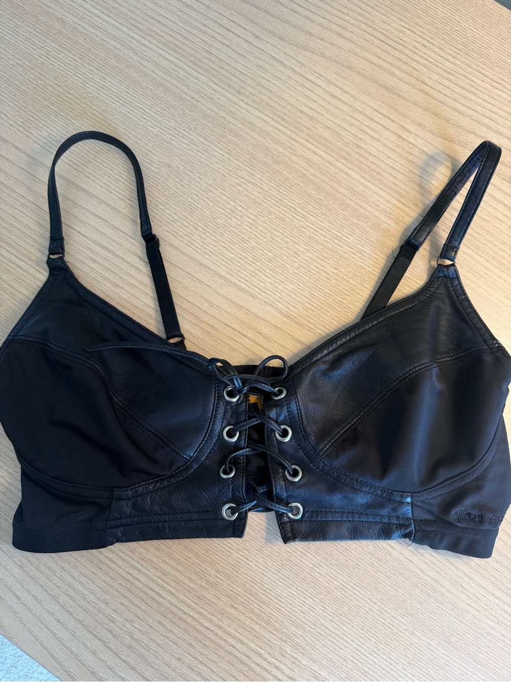 Harley-Davidson Vintage Y2K Leather Lace Up Corset Bra Top Black Medium - Picture 3 of 12